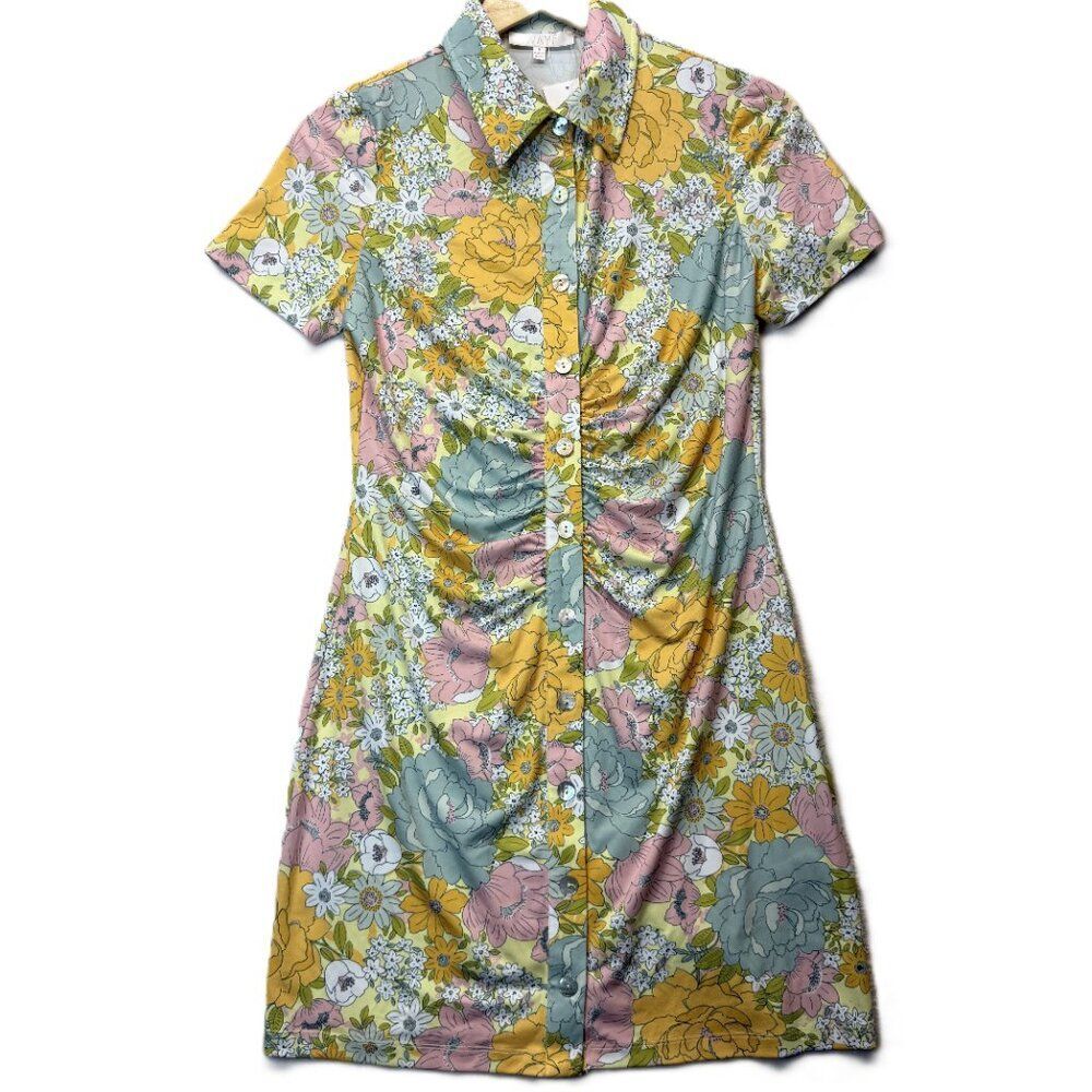 WAYF Vintage Floral Button Front Dress Yellow Blue Short Sleeve Women’s Small